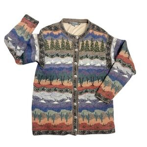 Icelandic Design S Tree Cactus Nordic Fair Isle Cardigan Wool Silver Buttons 90s
